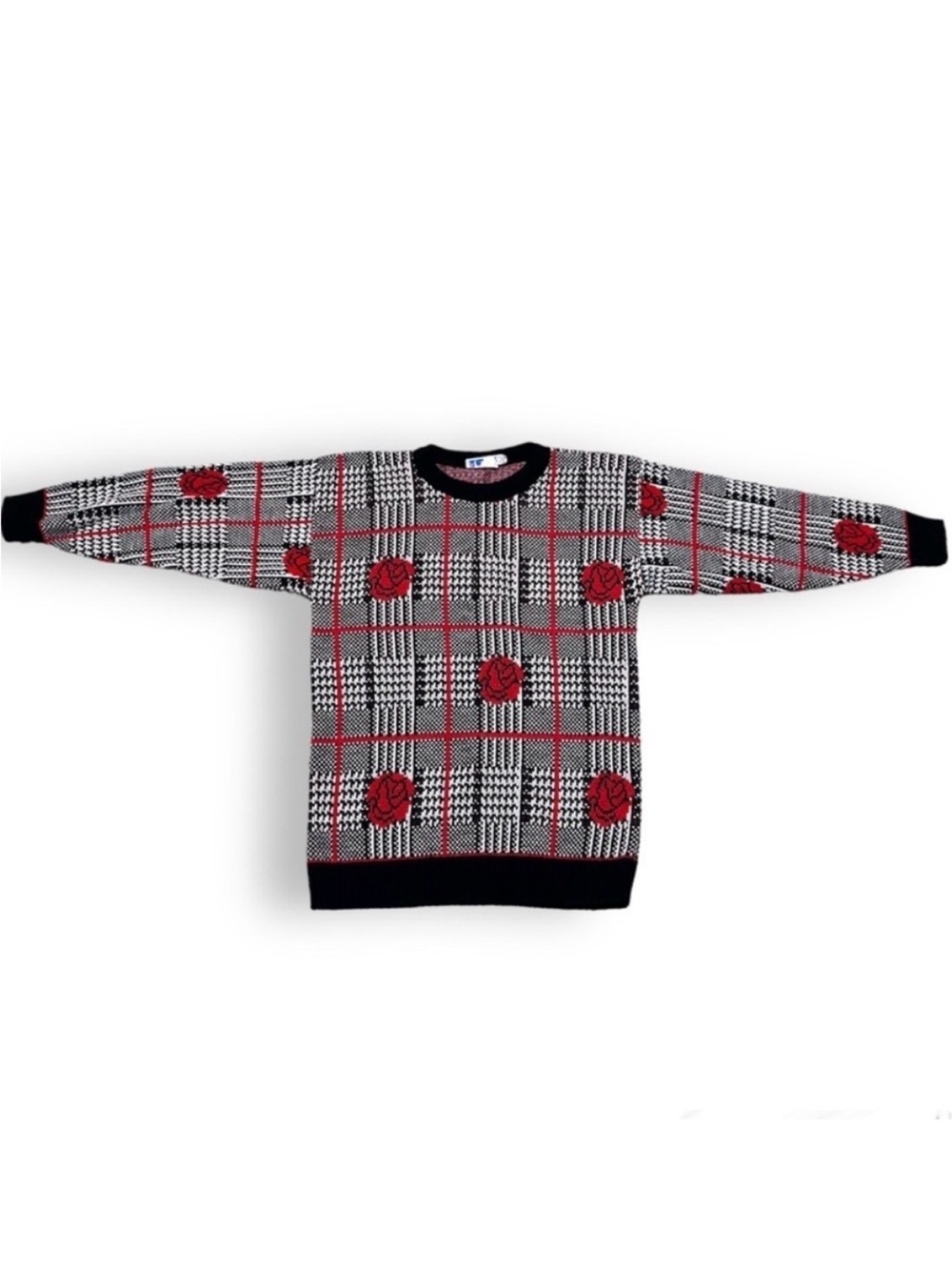 Vintage 80s Rose Plaid Floral Sweater Women’s Size XS Black Red Houndstooth